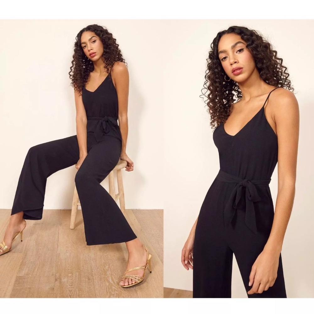 Reformation V-Neck, Tie Waist, Wide Leg Jumpsuit - Black